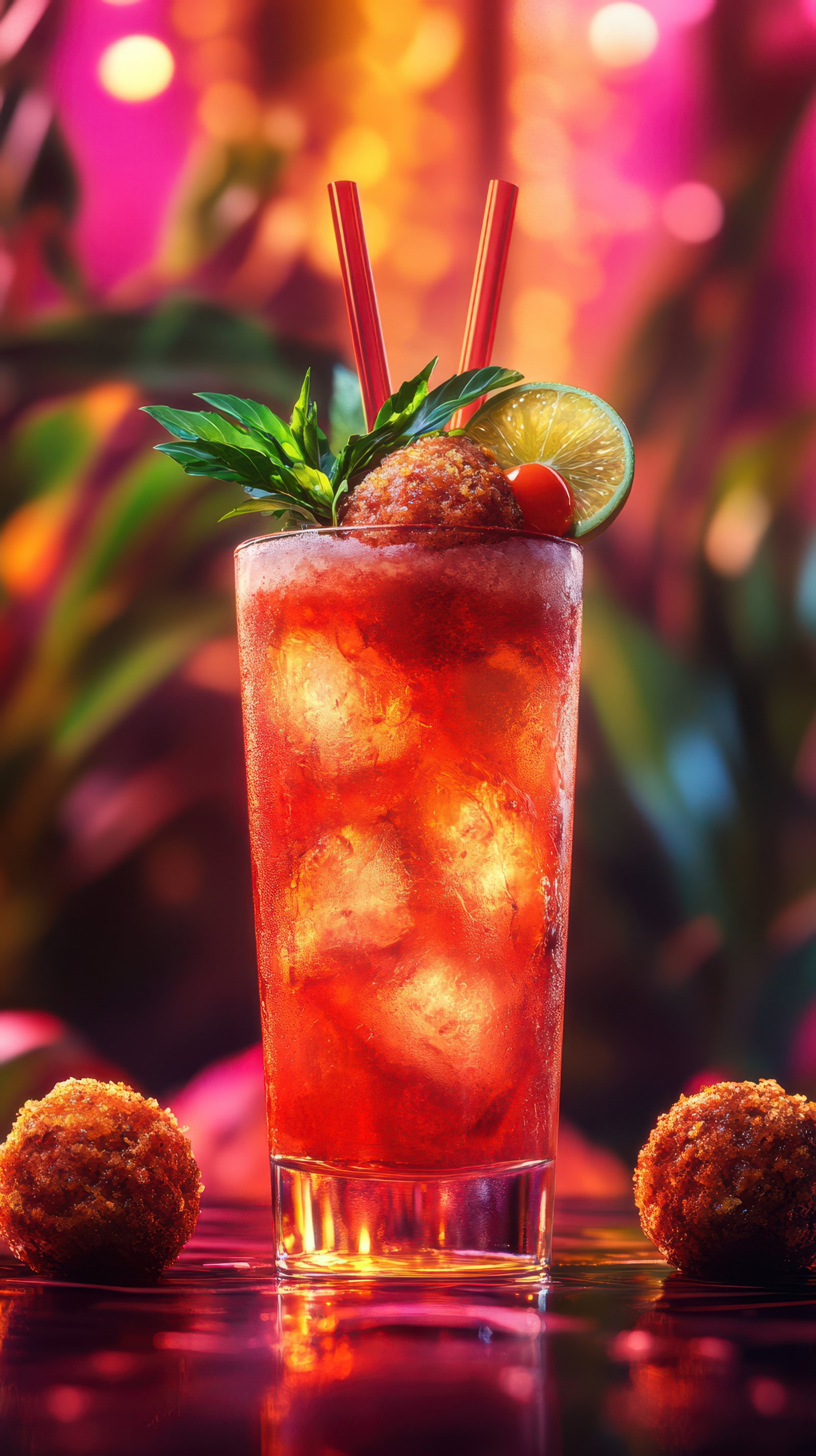 Refreshing tropical beverage garnished with mint and lime alongside savory snacks in vibrant setting